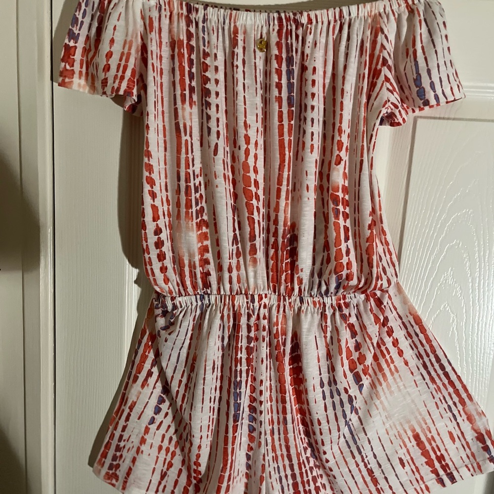 Hawaiian Tropics White Off-Shoulder Romper with Orange & Purple Dot Stripe Print